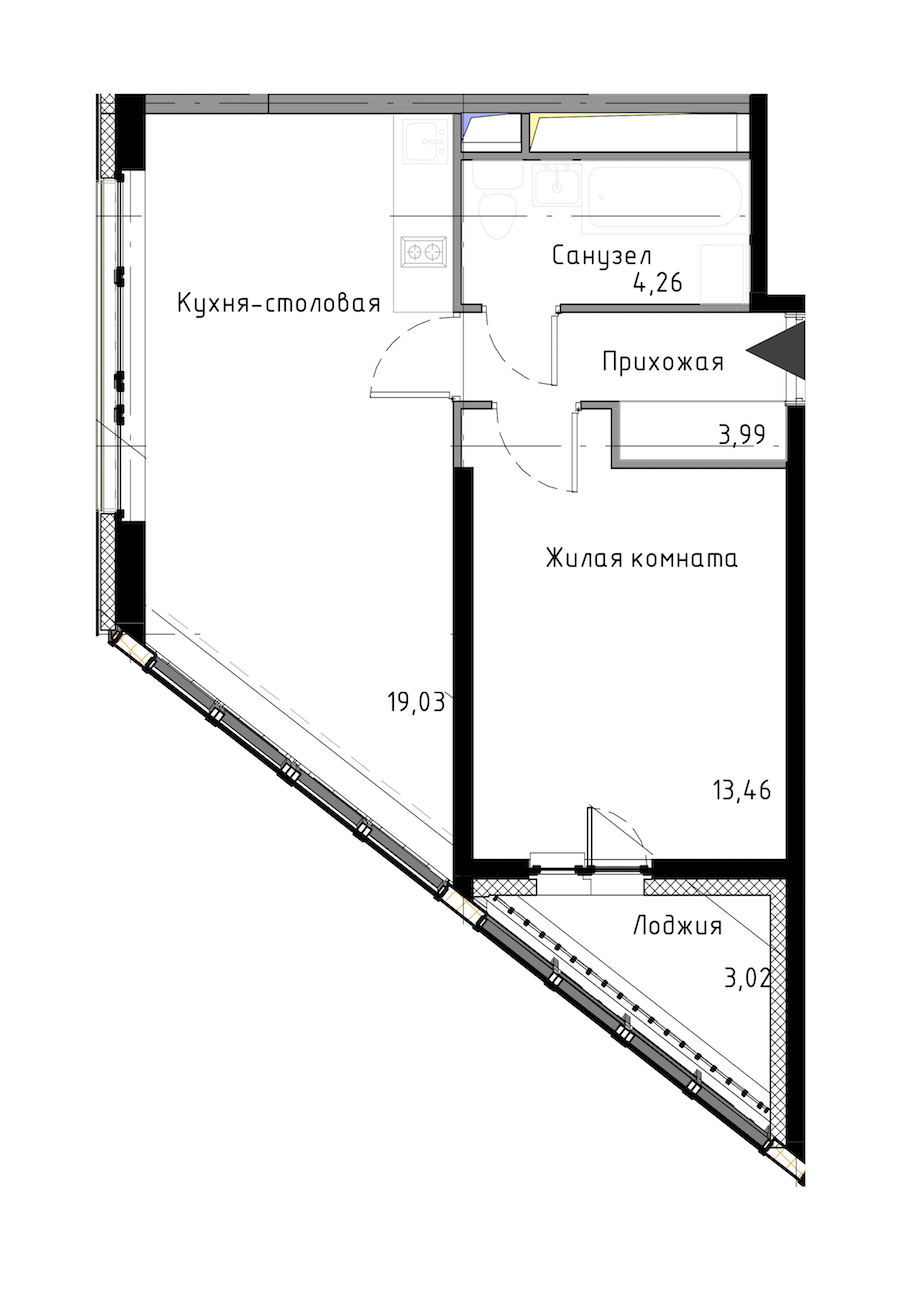 1-комнатная квартира 42.25 м², 7/13 эт., ЖК «NEW TIME»